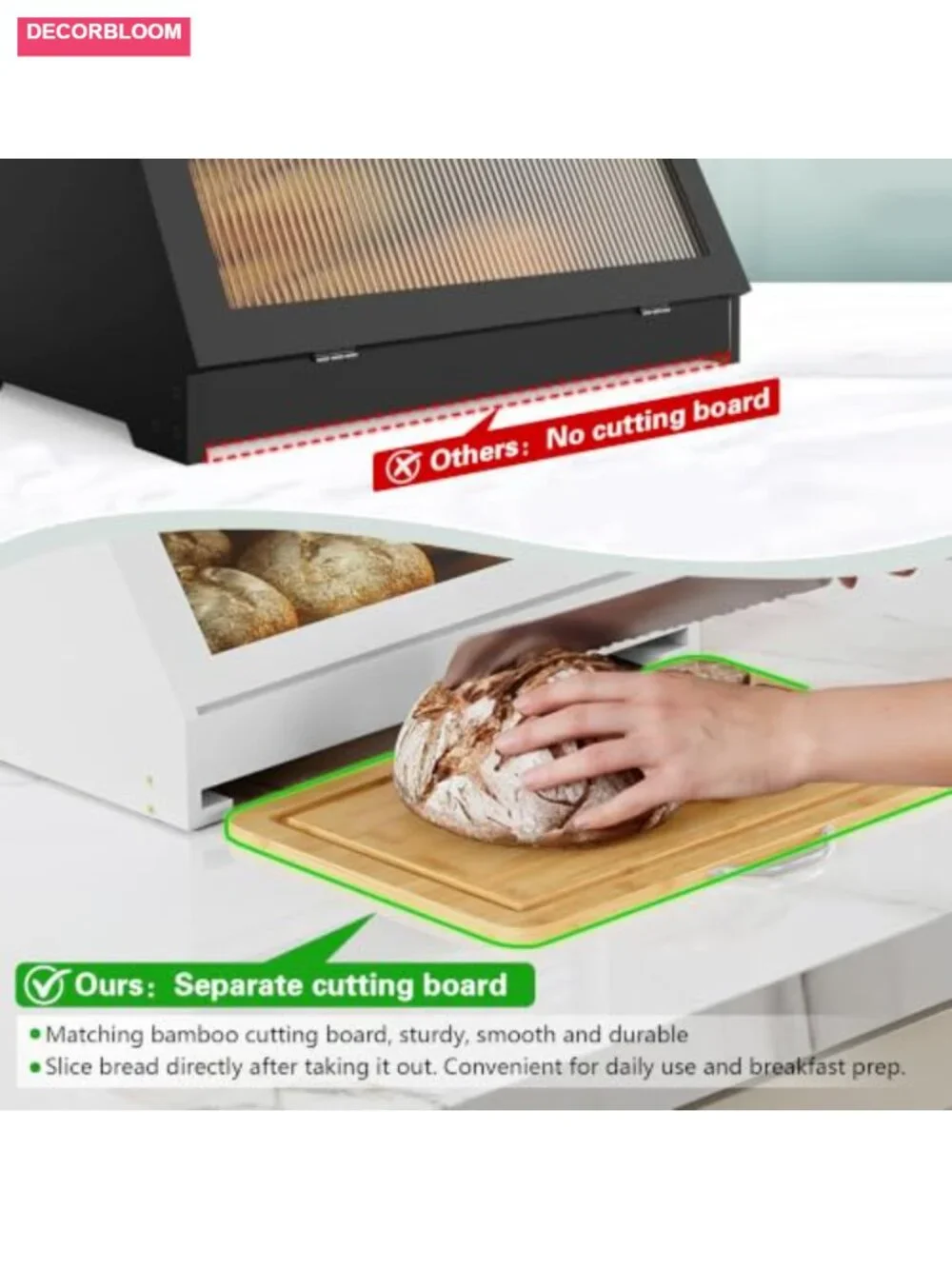 Roll Top Bamboo Bread Box with Cutting Board, Large Capacity 2 Tier
